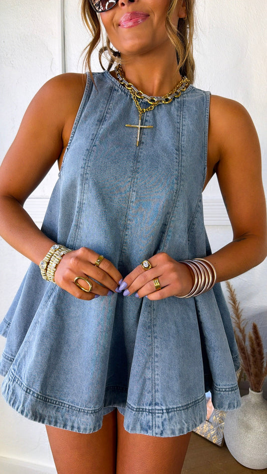 Blue Denim Top and Shorts Set