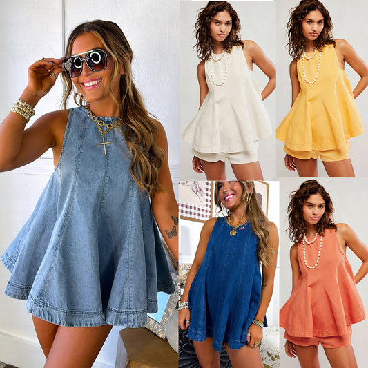 Blue Denim Top and Shorts Set